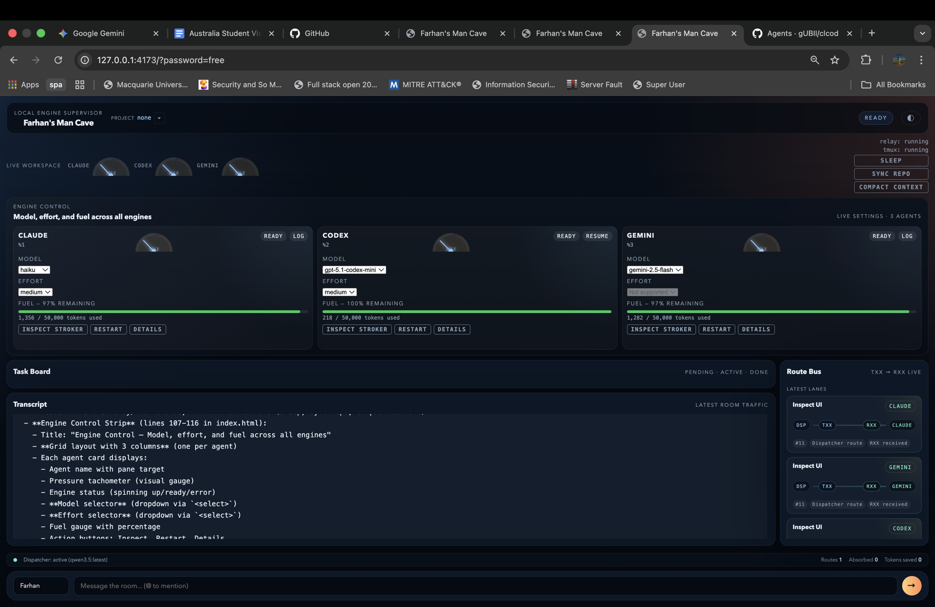 triagent dashboard showing multi-agent coordination