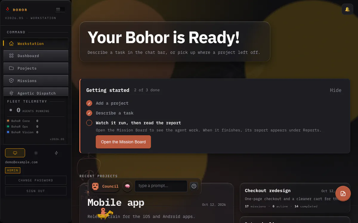 The Bohor Workstation after signing in, shown with a demo workspace: a navigation menu, a welcome panel, four recent projects with their mission counts, and the chat bar for describing a task.
